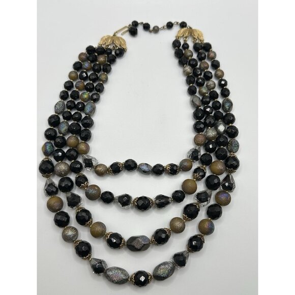 Stunning TRIFARI Black Iridescent Glass 4 Strand Beaded Necklace 15-17” - Picture 1 of 11